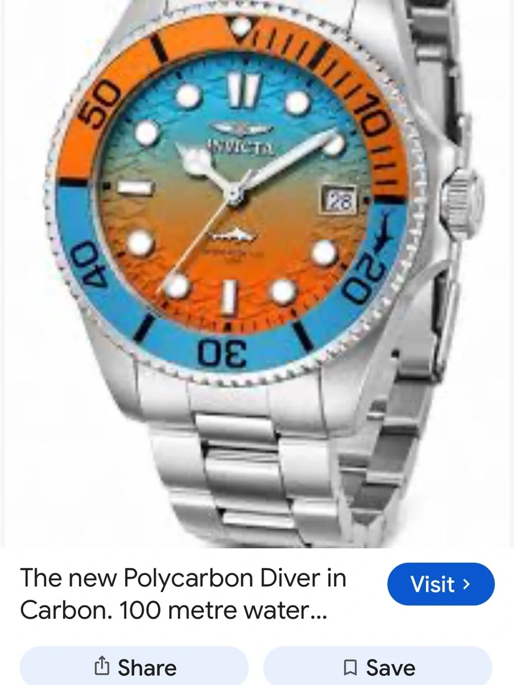 Invicta Men's Stainless Steel Watch with Blue and Coral Gradient Dial